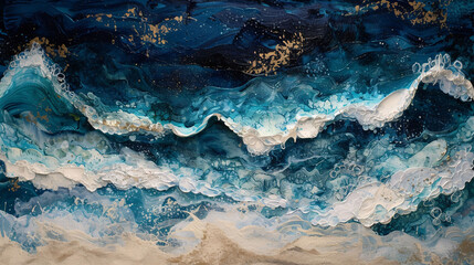 Dark Blue and Gold Abstract Ocean Wave Painting
