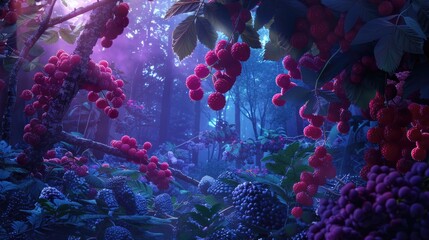 magical forest, paradise, magical journey, Blackberry, raspberry, blueberries, red currant,black currant​ - obrazy, fototapety, plakaty
