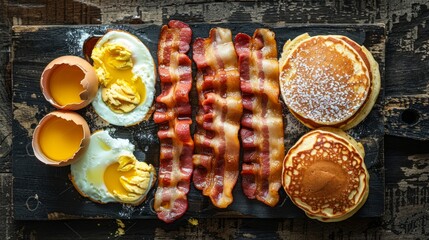 Traditional Breakfast Spread: Eggs, Bacon, Pancakes - obrazy, fototapety, plakaty