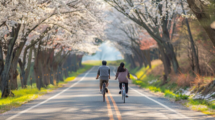 Fototapeta premium A couple riding bicycles together along a scenic countryside road lined with blossoming trees
