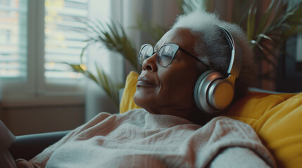Senior woman sitting on the couch wearing headphones listening to music - obrazy, fototapety, plakaty