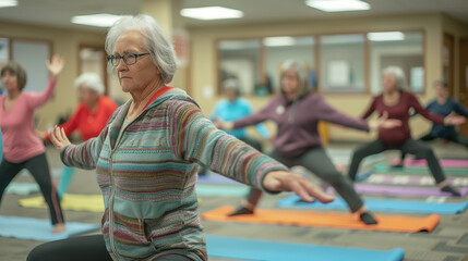 A group of seniors doing yoga in a community center