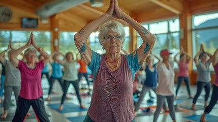 A group of seniors doing yoga in a community center