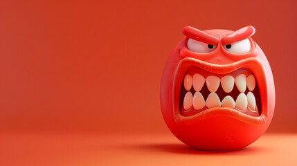 3d real emoji angry teeth face isolated on plain red studio background with text copy space