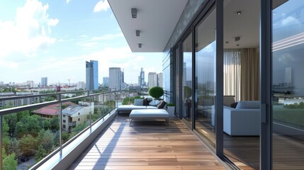Modern Balcony with Glass Doors and Urban View 