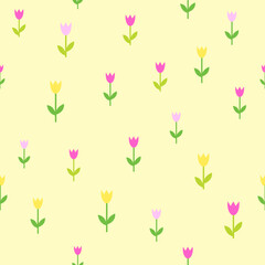 Spring tulips, seamless pattern on yellow background