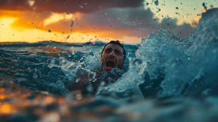 Drowning Desolation A Male Figure's Scream Illustrates the Concept of Tragedy in Troubled Waters - obrazy, fototapety, plakaty