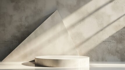 Minimal blank round concrete stage display with grey concrete geometric triangle shape wall background. 3D minimalist mockup