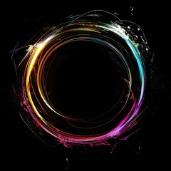 A colorful glowing iridescent magical circle of light on a black blackground.