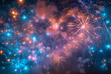 An awe-inspiring scene featuring fireworks exploding in a perfect heart shape, with shimmering lights and radiant colors illuminating the night sky.