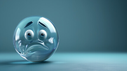 transparent 3d real emoji sad face isolated on plain blue studio background with text copy space