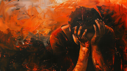 An evocative painting captures the torment of a figure overwhelmed by emotion, their face buried in hands, against a backdrop of fiery orange and contrasting dark strokes, embodying a profound sense o