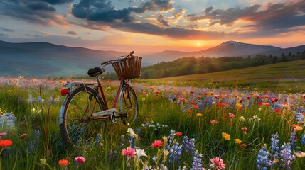 Bicycle with a wicker basket in a Beautiful spring landscape with colorful wildflowers in a green meadow, mountain background, at sunset. - obrazy, fototapety, plakaty