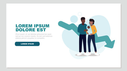 Vektor-Illustration eines Paares mit einem Baby, im Hintergrund eine sinkende Kurve eines Graphen - Familienkonzept