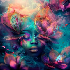A dreamlike vibrant portrait of a woman with flower patterns, in the style of futuristic fantasy. Made of mist, intricate foliage, soft edges and atmospheric effects. Turquoise and pink color palette.