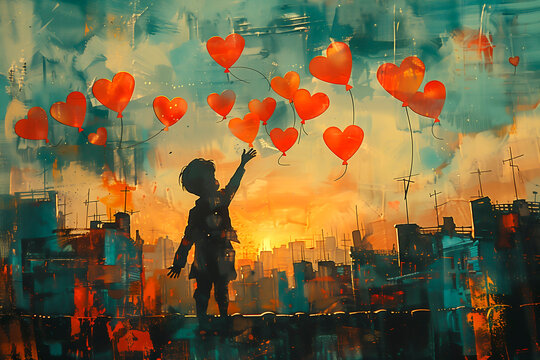 Naklejki Child releasing love over the dark city