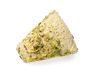 Piece of tasty halva with pistachios isolated on white, top view