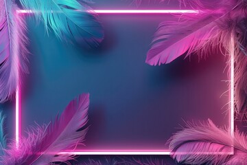 A neon frame with feathers on a dark background.