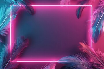 A neon frame with feathers on a dark background. - obrazy, fototapety, plakaty