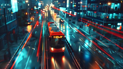 Bright Lights, Fast Bus: A High-Speed Journey through the City at night. Abstract Motion Blur City.
