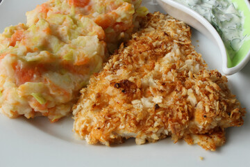 Golden Crusted Cod with Panko, Served with a Medley of Carrot, Leek and Potato Mash -  Culinary Harmony Captured