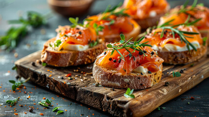 Delicious homemade smoked salmon gluten free canape garnished with a fresh microgreen and spices on wooden board. Close up. Menu, recipe. Selection of tasty bruschetta or canapes with salmon - obrazy, fototapety, plakaty