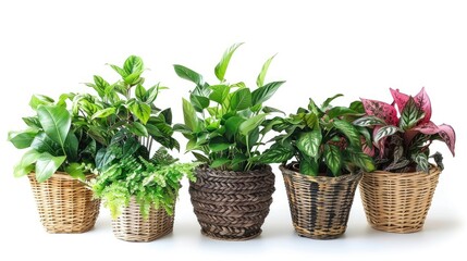 set of most popular houseplants in basket pots isolated on white background  