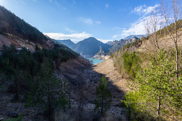 Lack water La Llosa Del Cavall Reservoir. The swamp is at very low water levels due to lack of rain. Desertification, climate change, environmental problems, drought. Lleida, Spain