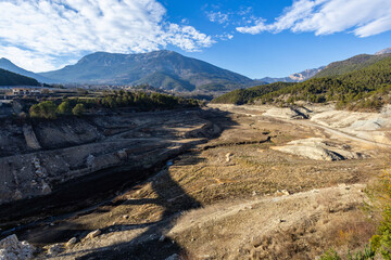 Lack water La Llosa Del Cavall Reservoir. The swamp is at very low water levels due to lack of...