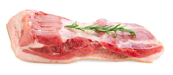 One piece of raw pork belly and rosemary isolated on white