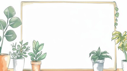 simple cartoon doodle, adorable empty frame, houseplants, isolated on white 
