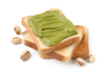 Toasts with tasty pistachio cream and nuts isolated on white