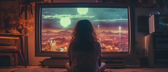Retro illustration of a woman alone watching TV at night in a living room - obrazy, fototapety, plakaty