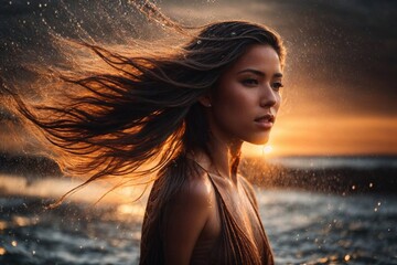 Woman Standing in Water With Wind-blown Hair. Generative AI.