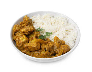 Delicious chicken curry with rice isolated on white