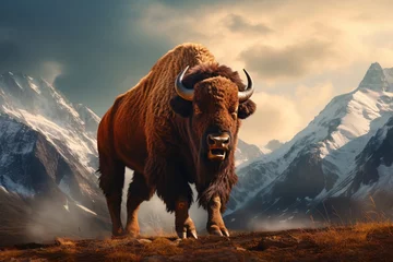 Fototapeten a bison walking in the mountains © Alex