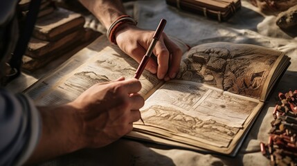 Hands sketching ancient structures emphasizing historical documentation
