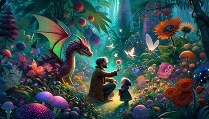 Enchanted Encounter: Father and Child in a Magical Forest