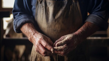 Farmer's hands milking a cow in sunlit barn emphasizing care