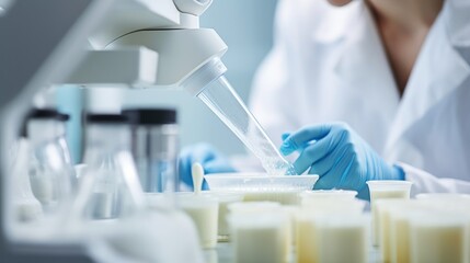 Dairy scientist examining milk samples under microscope in lab - obrazy, fototapety, plakaty
