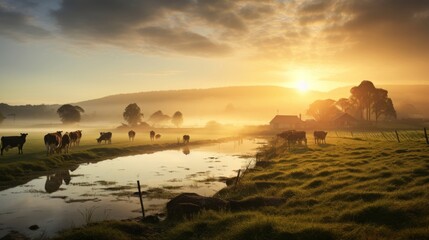 Atmospheric dairy farm scene at sunrise cows in dewy field - obrazy, fototapety, plakaty