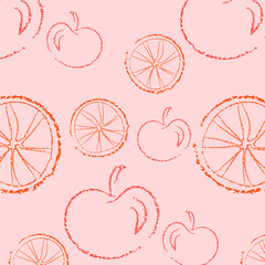 seamless pattern with fruits elements apple and cut orange in a line style made with ink brush
