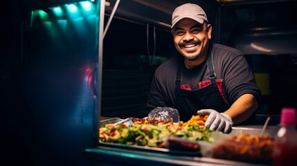 Taco chef in food truck vibrant street food scene