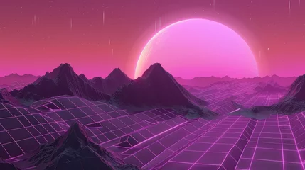 Poster Futuristic digital render in cyber landscape with big low sun. Synthwave style. © Suwanlee