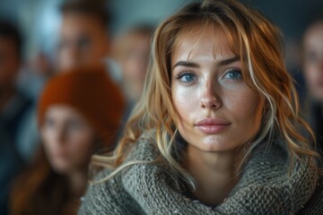 Close-up portrait of a young woman with insightful gaze, wearing a cozy knitted scarf - obrazy, fototapety, plakaty