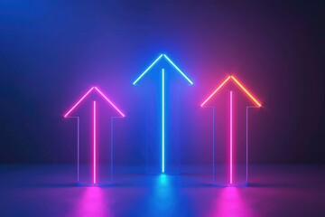 Growing arrow up with bright glowing futuristic blue neon lights on black background. Simple red graph. Concept of growth and increase. beautiful render illustration