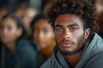 Close-up portrait of a young man with curly hair and intense gaze among a crowd - obrazy, fototapety, plakaty
