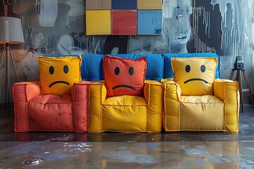 A whimsical setting of brightly colored chairs with distinct facial expressions depicting various moods