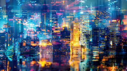 Urban skyline, hand-painted buildings contrasted with AI-generated neon lights