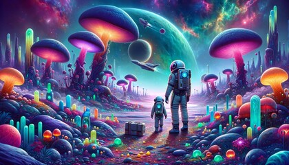 Cosmic Journey: Father and Child Exploring Alien Wonderland